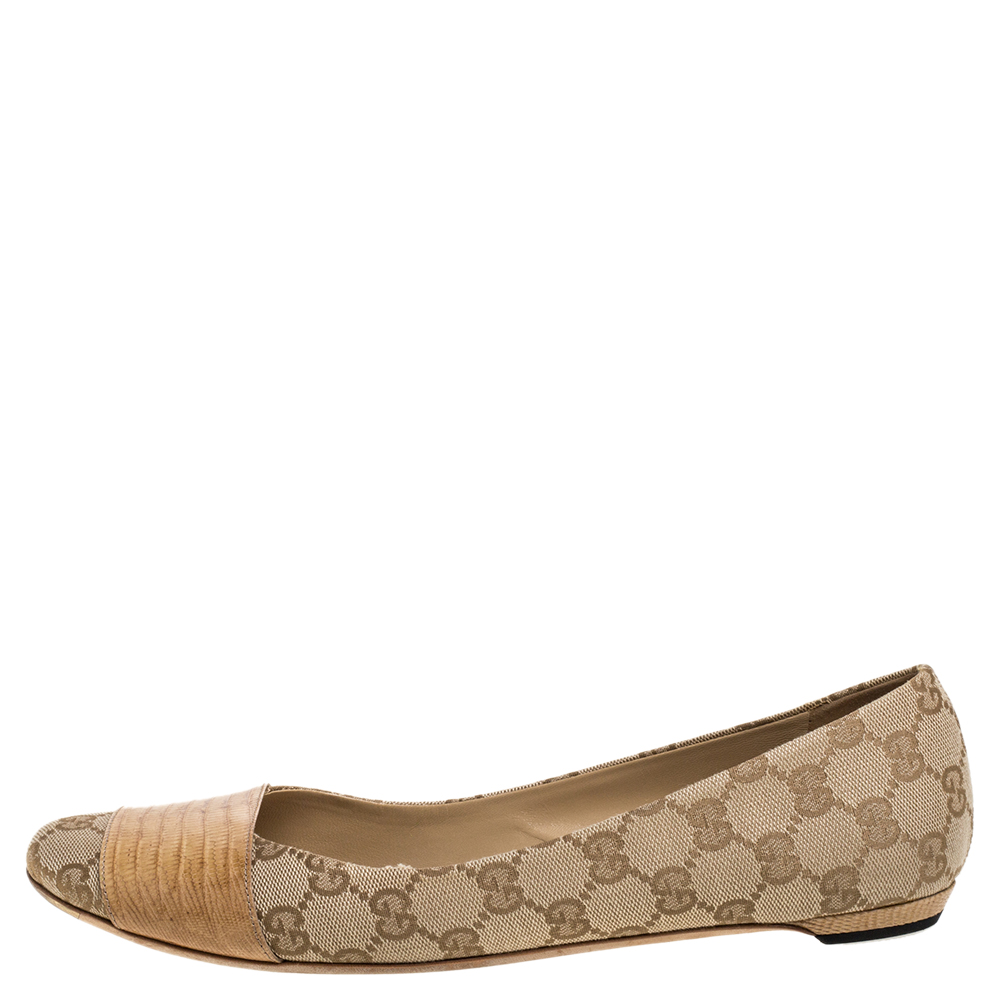 

Gucci Beige GG Canvas and Lizard Cap Toe Ballet Flats Size