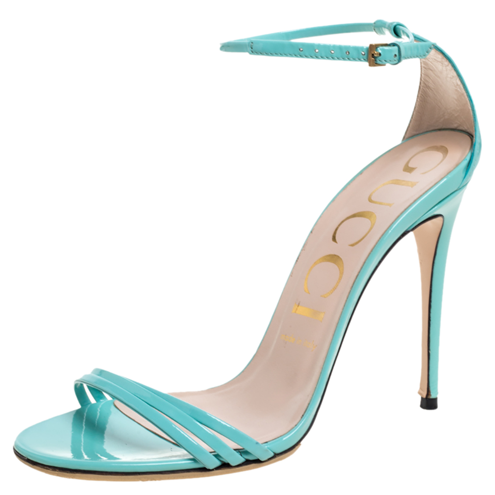Pre Owned Gucci Sea Green Patent Leather Open Toe Ankle Strap Sandals Size 38