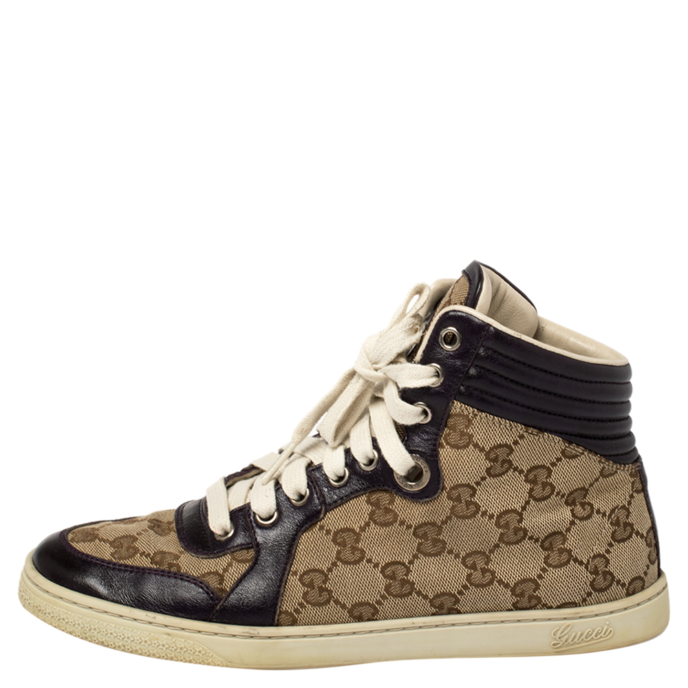 

Gucci Beige GG Canvas And Leather High Top Sneakers Size