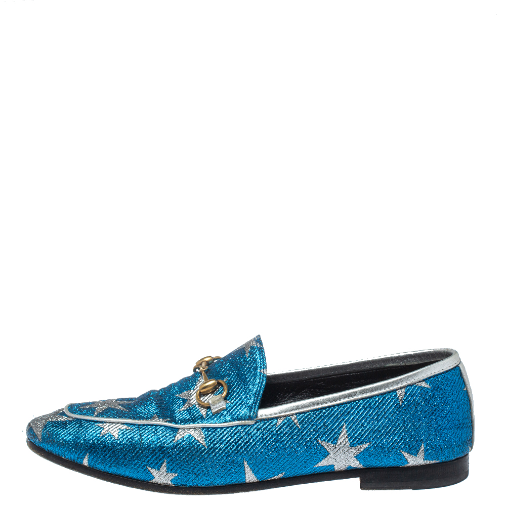 

Gucci Blue Glitter Fabric Jordaan Star Lurex Horsebit Loafers Size