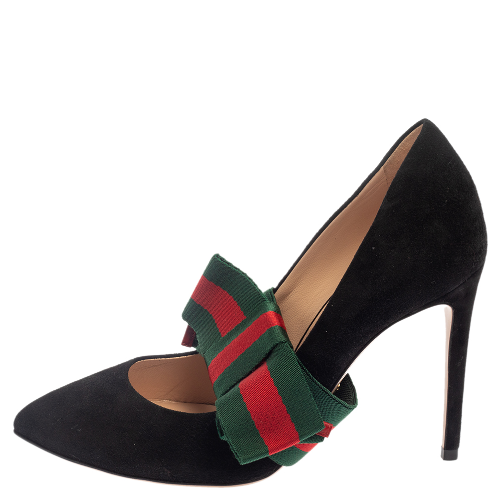 

Gucci Black Suede Sylvie Removable Web Bow Pumps Size