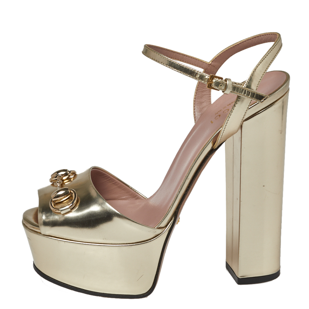 

Gucci Metallic Gold Leather Claudia Horsebit Platform Sandals Size
