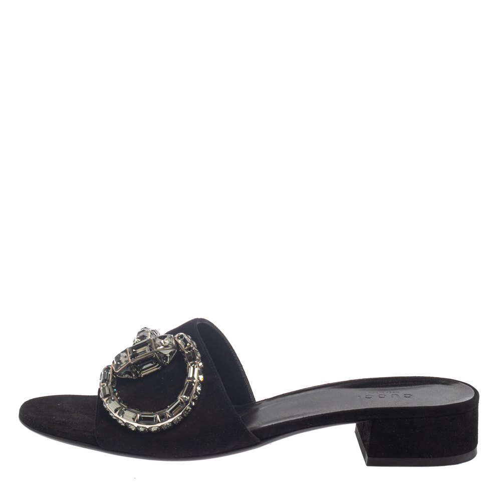 

Gucci Black Suede Maxime Crystal Horsebit Slide Sandals Size