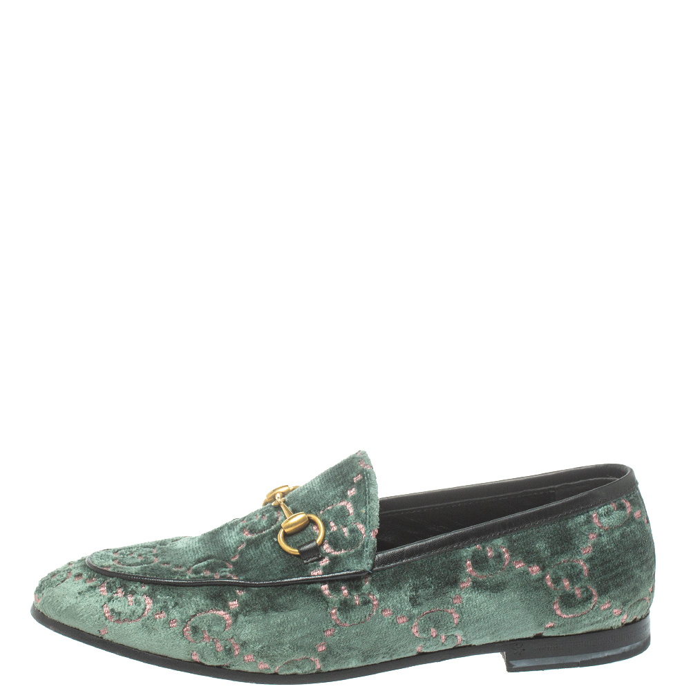 

Gucci Green GG Velvet And Leather Jordaan Horsebit Loafers Size