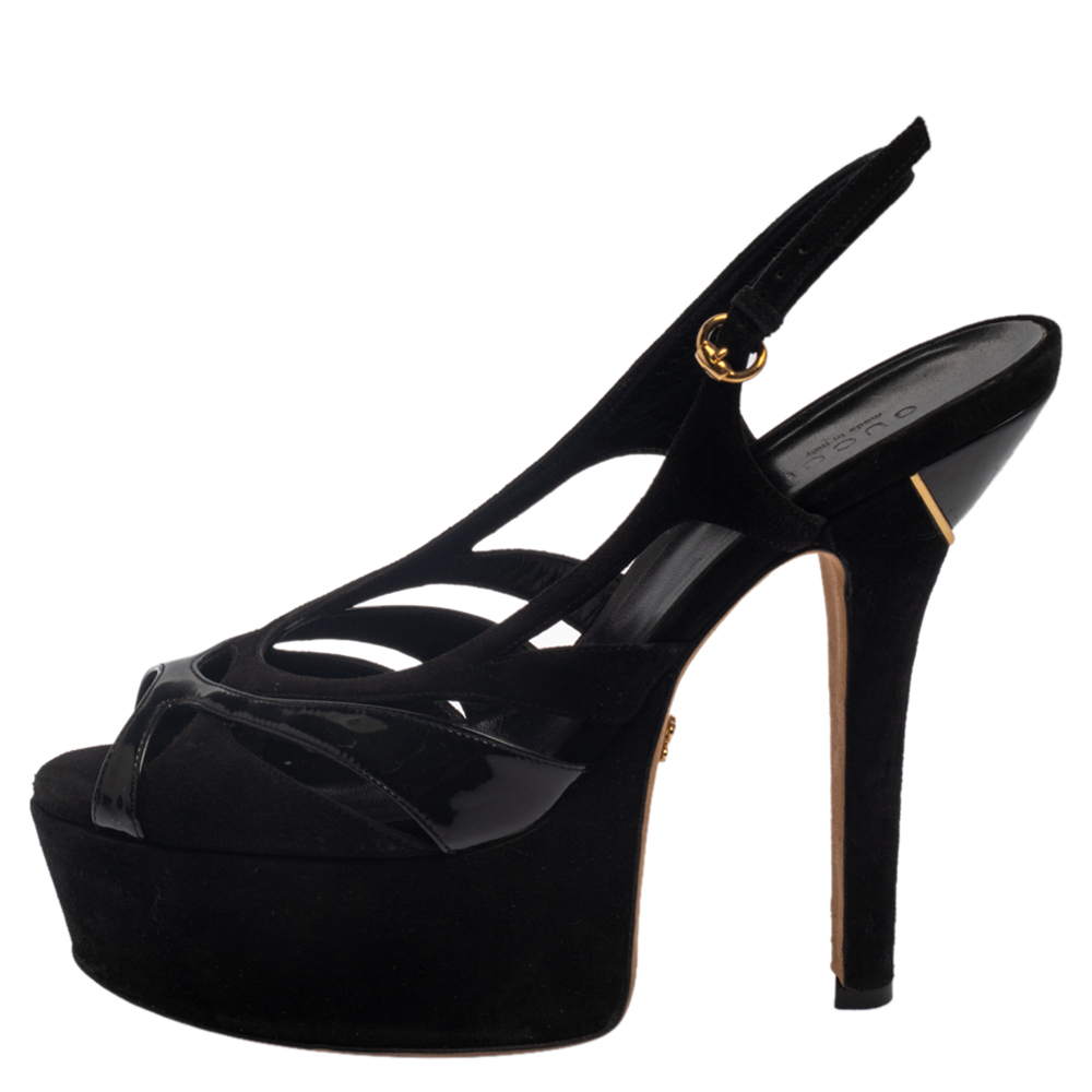 

Gucci Black Suede And Patent Platform Slingback Sandals Size