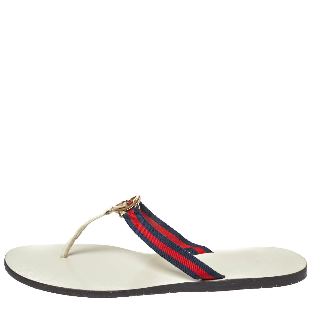 

Gucci White Canvas GG Web Thong Slide Sandals Size