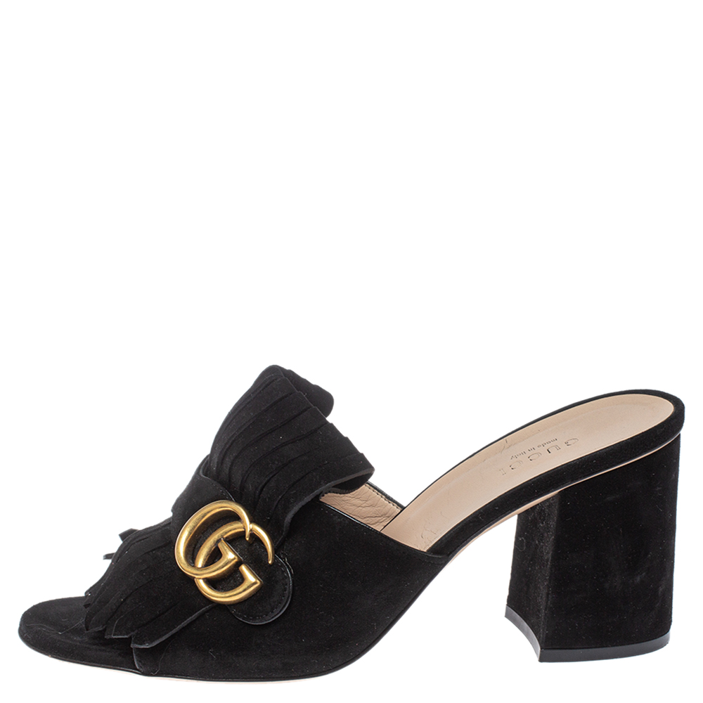 

Gucci Black Suede GG Marmont Fringe Mules Size