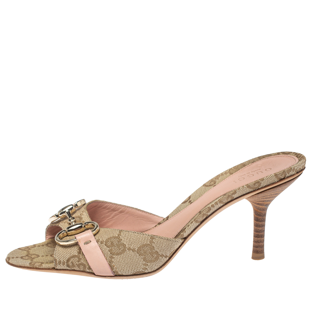 

Gucci Beige/Pink GG Canvas New Hollywood Horsebit Slides Size