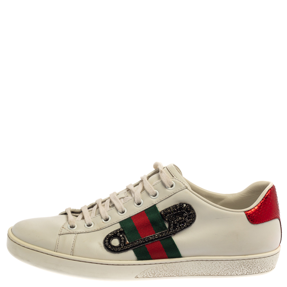 

Gucci White Leather Embossed Python Trim Web Detail Embellishment Ace Low Top Sneakers Size