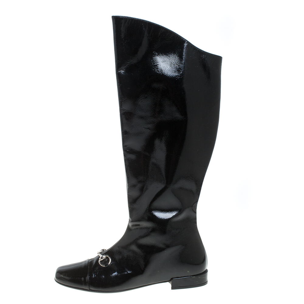 

Gucci Black Patent Leather Horse Bit Knee Length Boots Size