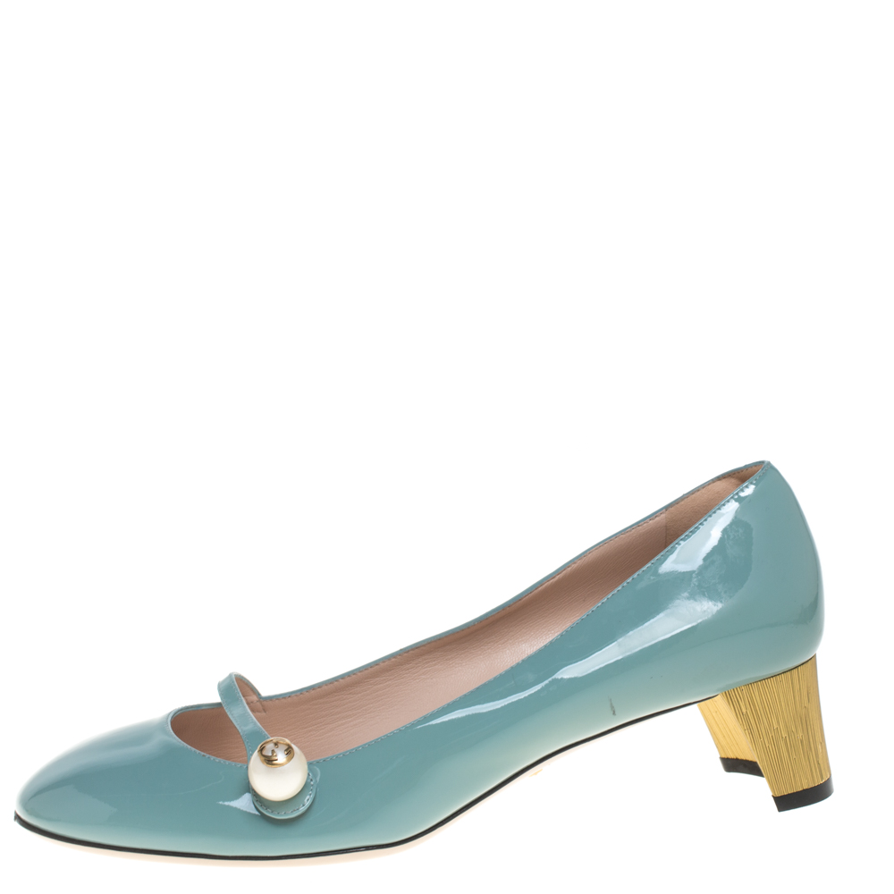 

Gucci Blue Patent Leather Pearl Detail Mary Jane Pumps Size