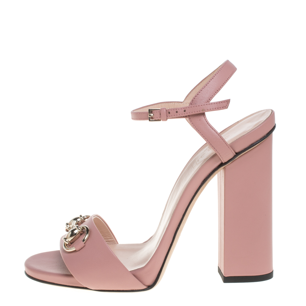 

Gucci Pink Leather Horsebit Block Heel Ankle Strap Sandals Size