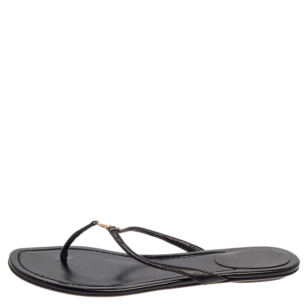 

Gucci Black Leather Interlocking GG Thong Sandals Size