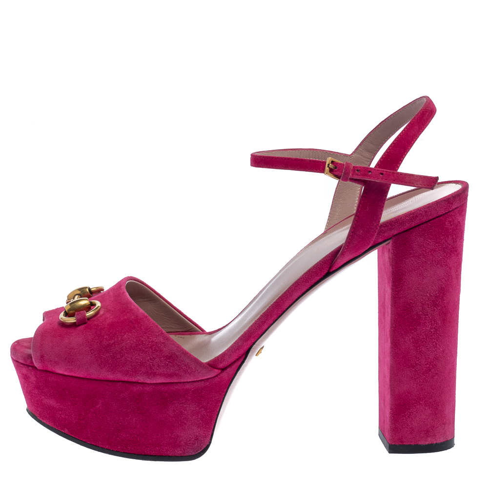 

Gucci Pink Suede Claudie Horsebit Sandals Size