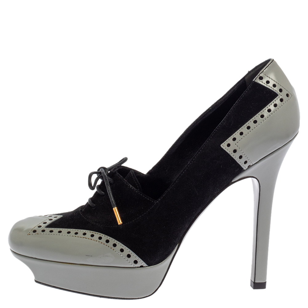 

Gucci Black/Grey Suede And Leather Oxford Lace Platform Pumps Size