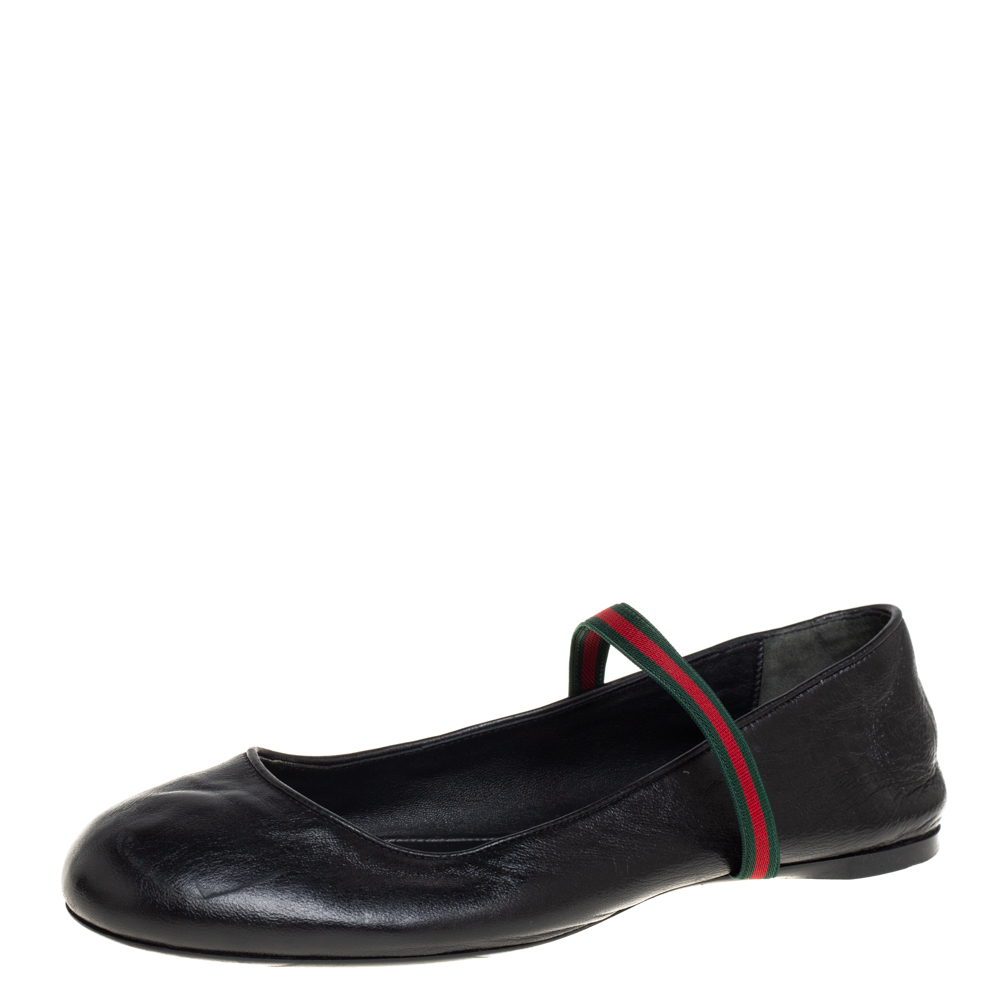 Pre-owned Gucci Black Leather Web Ballet Flats Size 36