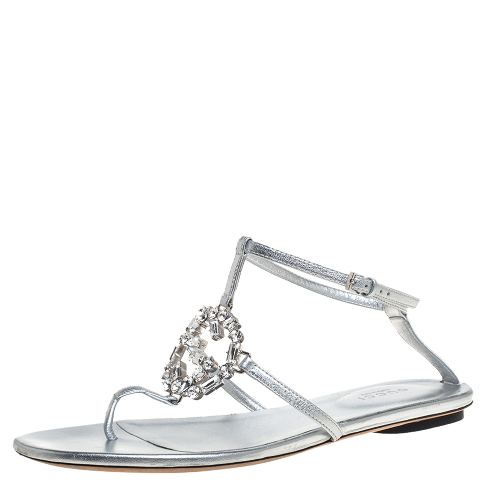 

Gucci Metallic Silver Leather GG Interlocking Crystal Ankle Strap Sandals Size