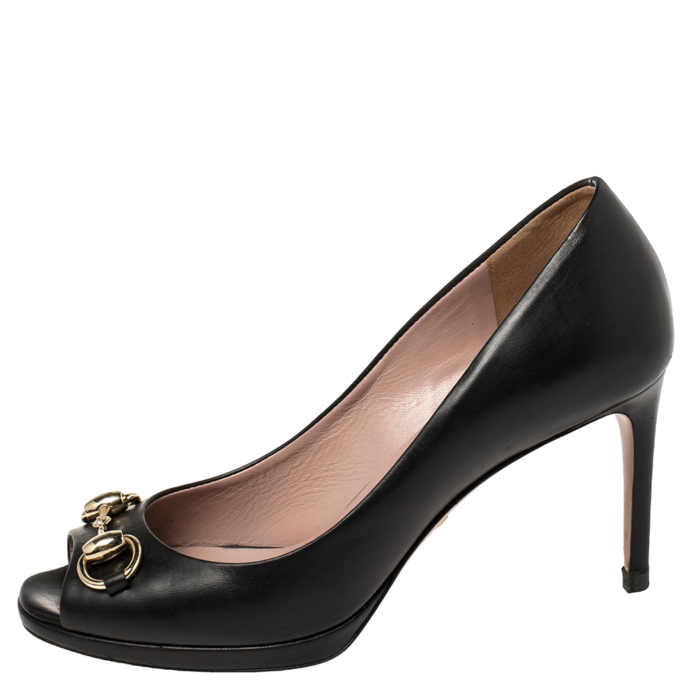 

Gucci Black Leather Jolene Horsebit Peep Toe Pumps Size