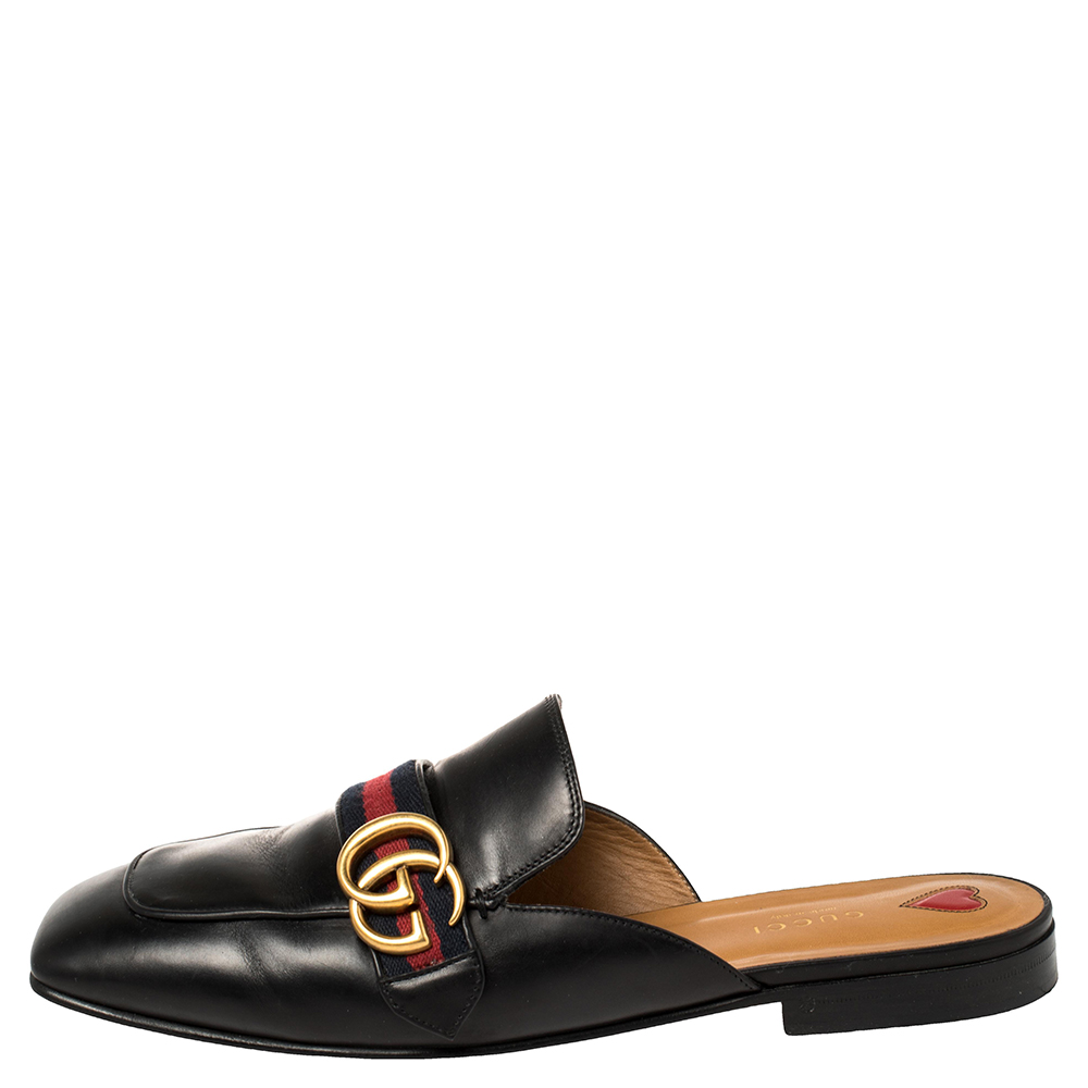 

Gucci Black Leather Web GG Logo Flat Mules Size