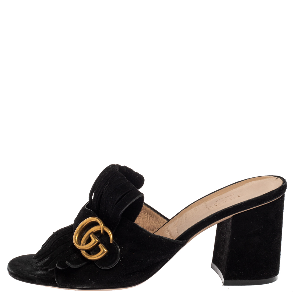 

Gucci Black Suede GG Marmont Fringe Sandals Size