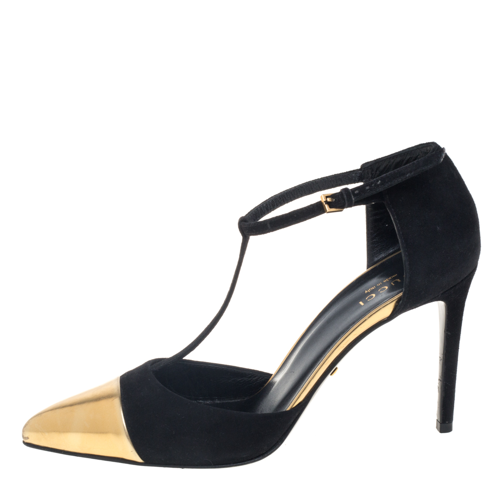 

Gucci Black/Gold Suede And Leather Coline Cap Toe T Strap Pumps Size