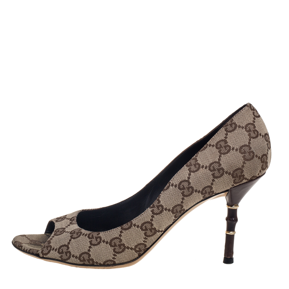 

Gucci Brown/Beige GG Canvas Bamboo Heel Open Toe Pumps Size