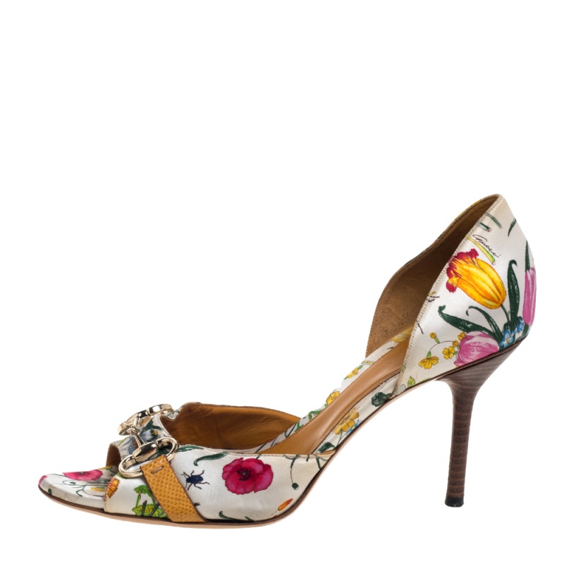 

Gucci Multicolor Floral Print Satin Horsebit D'orsay Open Toe Pumps Size