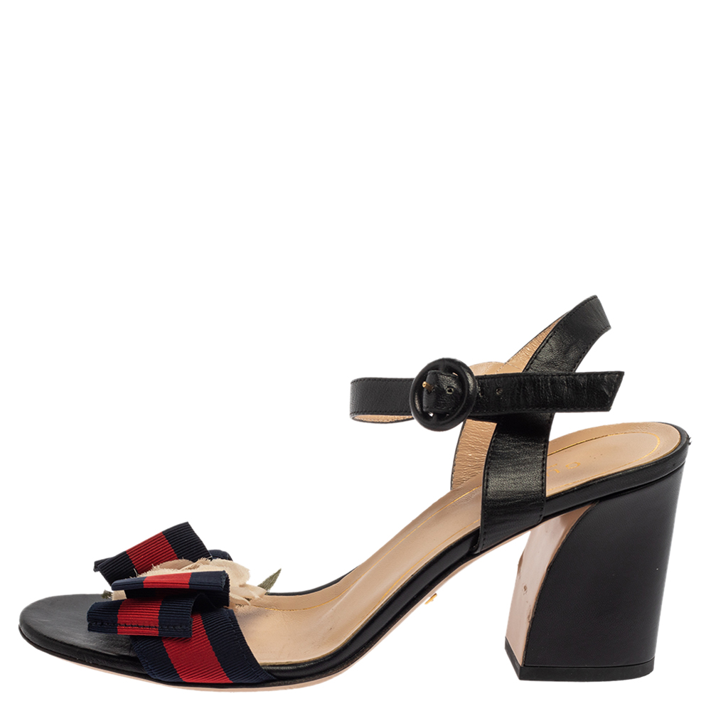 

Gucci Multicolor Leather And Fabric Web Bow Rose Detail Sandals Size