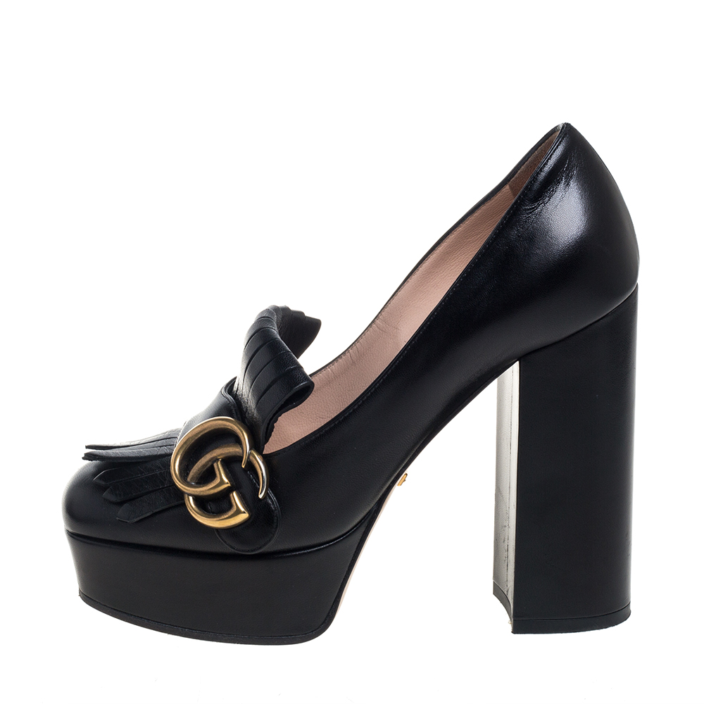 

Gucci Black Leather Fringe Marmont GG Pumps Size