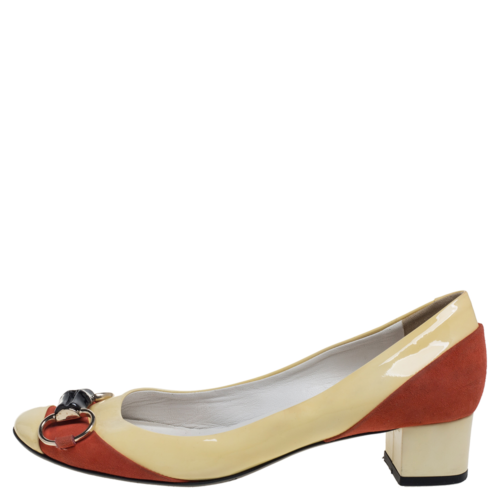 

Gucci Yellow/Red Patent Leather And Suede Bamboo Horsebit Round Toe Pumps Size