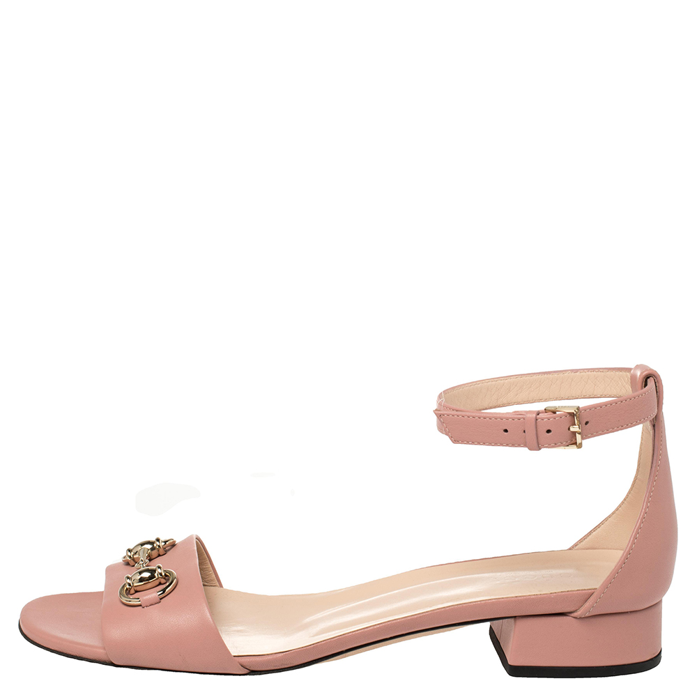 

Gucci Pink Leather Horsebit Ankle Strap Sandals Size