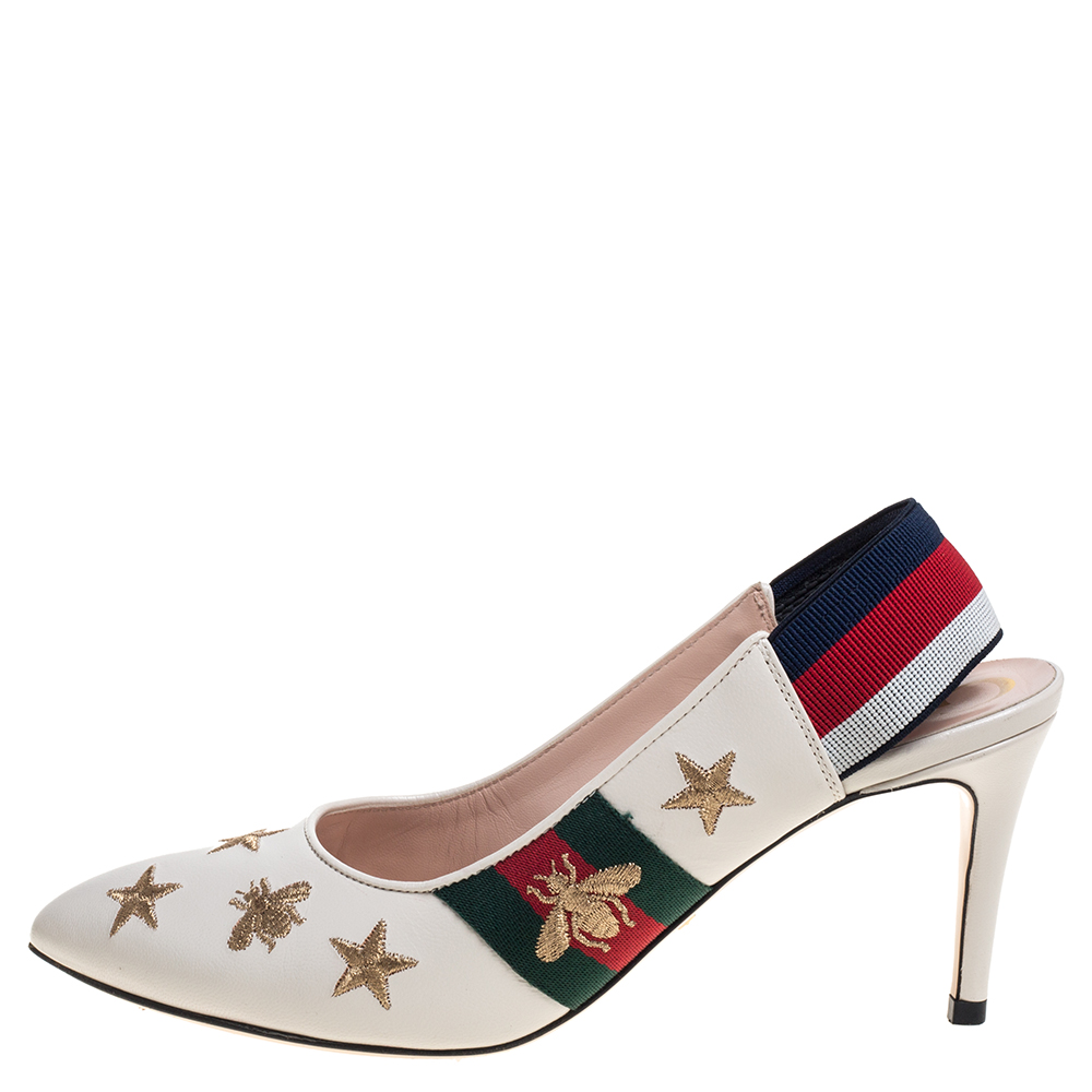 

Gucci White Leather Sylvie Bees And Star Slingback Pumps Size