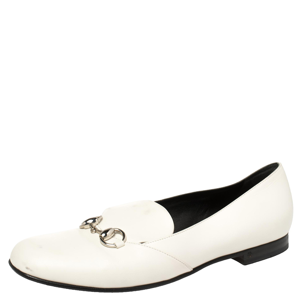 Pre-owned Gucci White Leather Horsebit Lillian Loafers Size 39