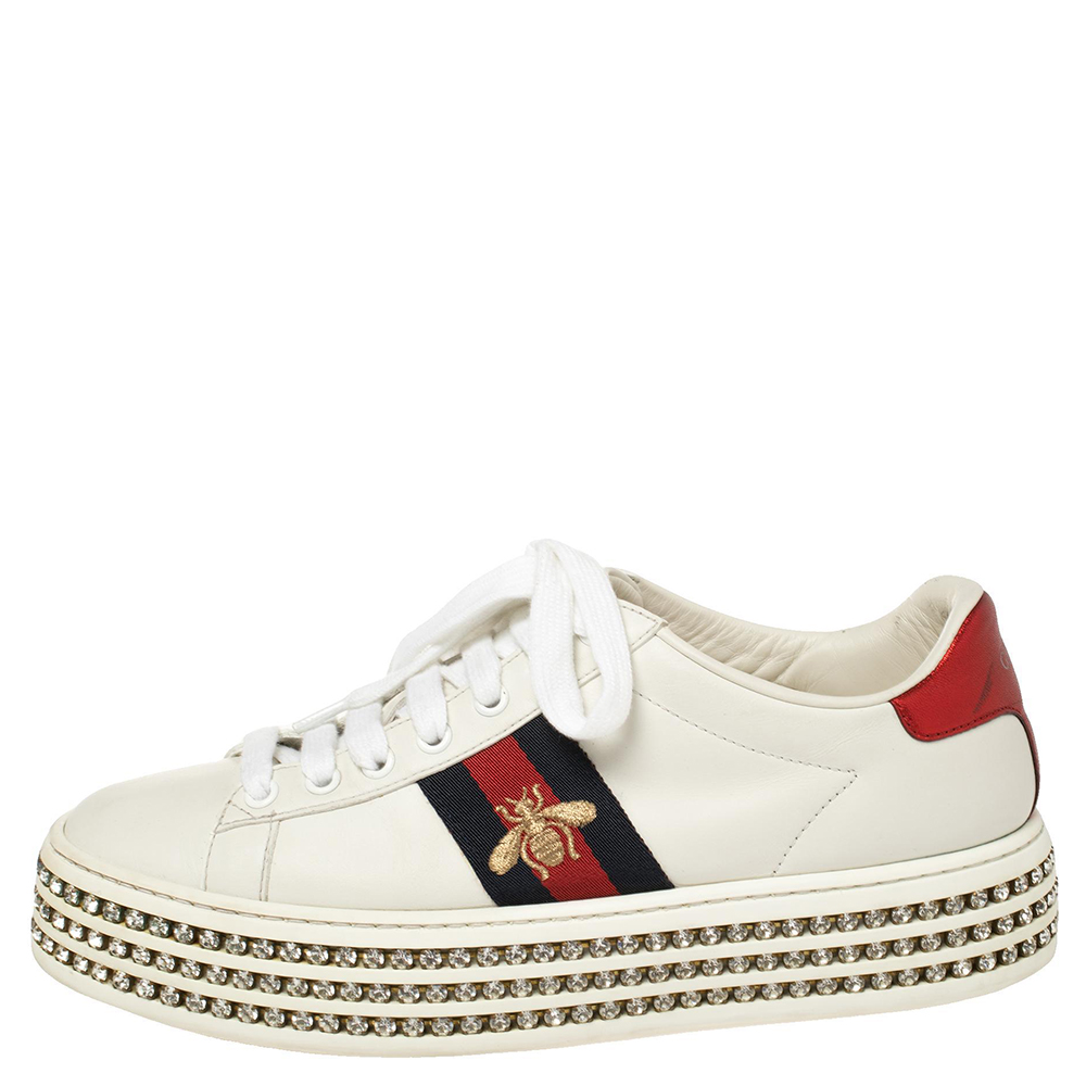 

Gucci White Leather Ace Crystal Embellished Platform Sneakers Size