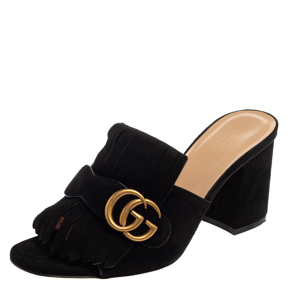 Pre-owned Gucci Black Suede Gg Marmont Fringe Slide Sandals Size 37.5