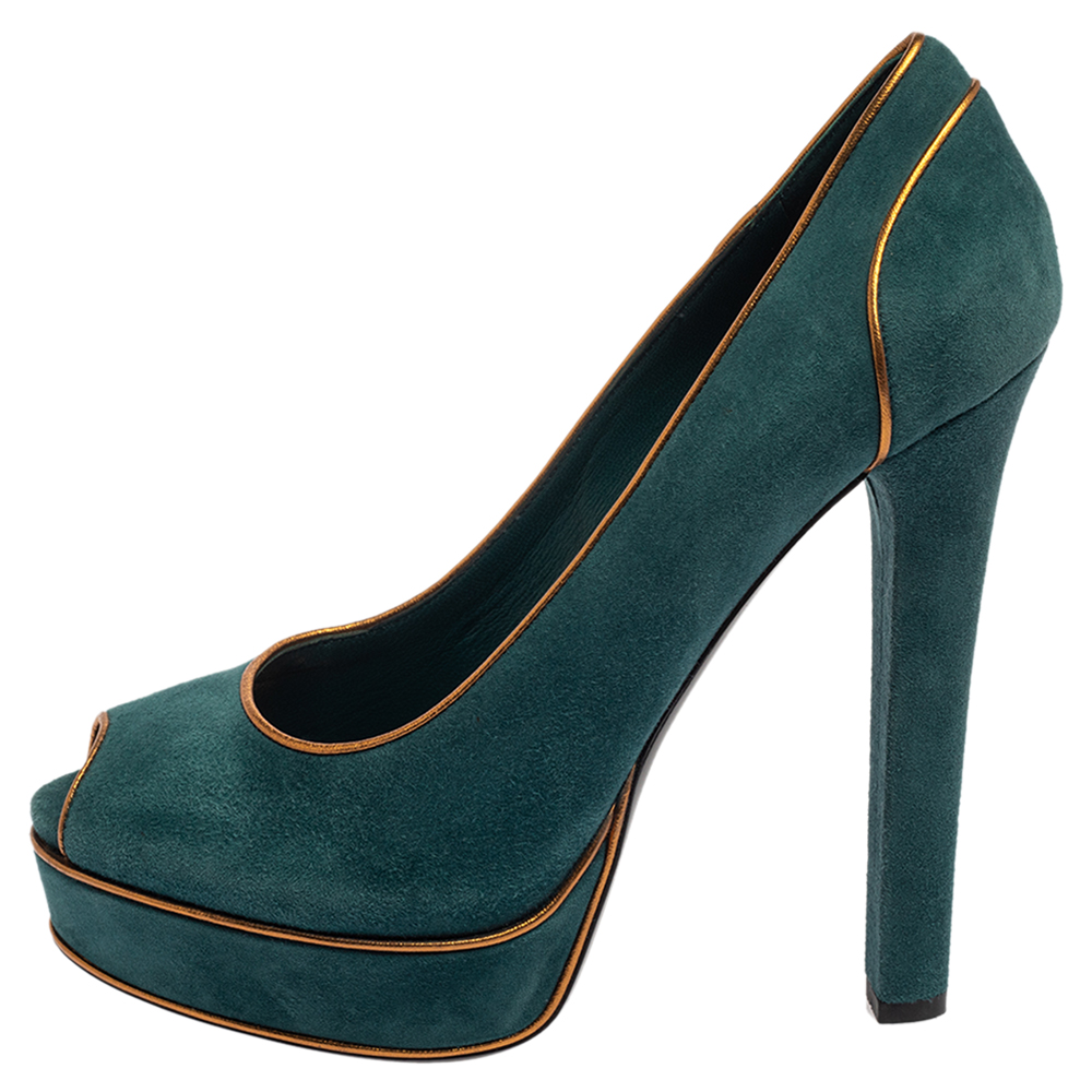 

Gucci Teal Green Suede And Gold Leather Piping Detail Peep Toe Platform Pumps Size