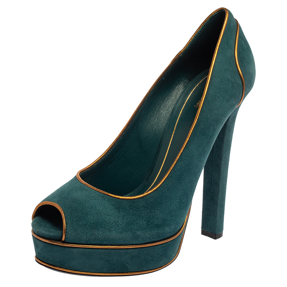 Pre-owned Gucci Teal Green Suede And Gold Leather Piping Detail Peep Toe Platform Pumps Size 39.5