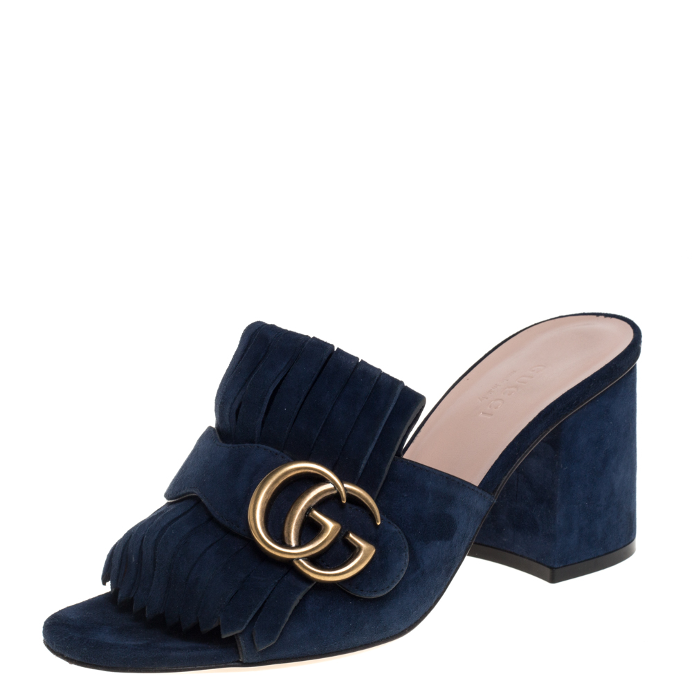 Pre-owned Gucci Navy Blue Suede Gg Marmont Fringed Slide Sandals Size 35.5