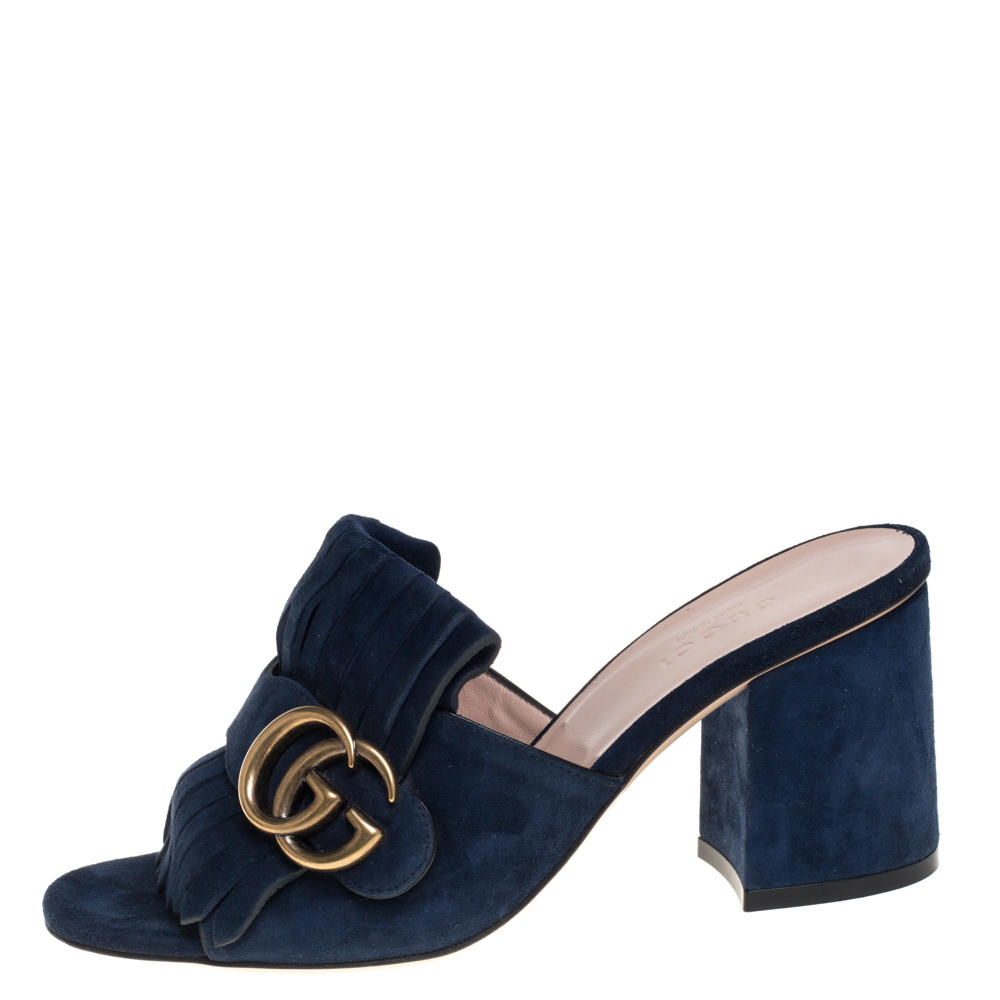 

Gucci Navy Blue Suede GG Marmont Fringed Slide Sandals Size