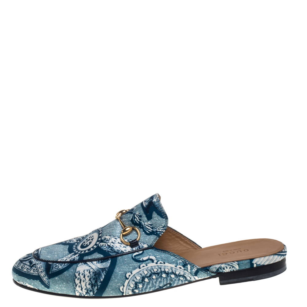 

Gucci Blue Satin And Leather Horsebit Princetown Mules Size