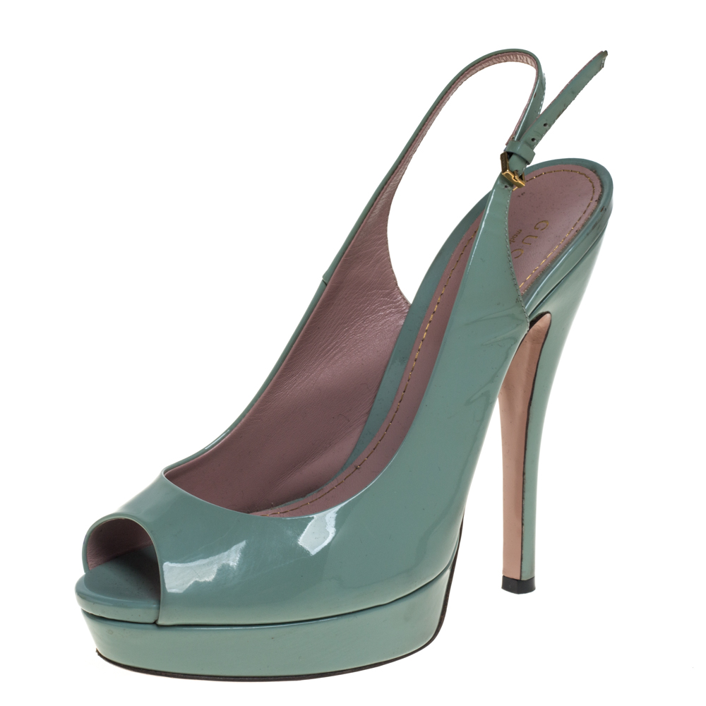 Pre-owned Gucci Green Patent Leather Sofia Platform Peep Toe Slingback  Pumps Size 37 | ModeSens