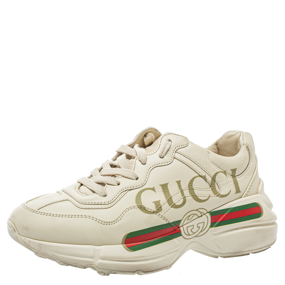 Pre-owned Gucci Cream Leather Trainer Sneakers Size 35.5