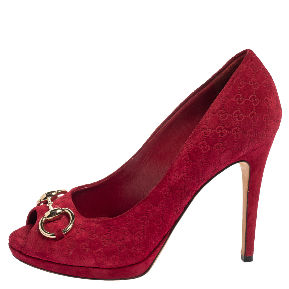 

Gucci Red Suede Peep Toe Horsebit Pumps Size