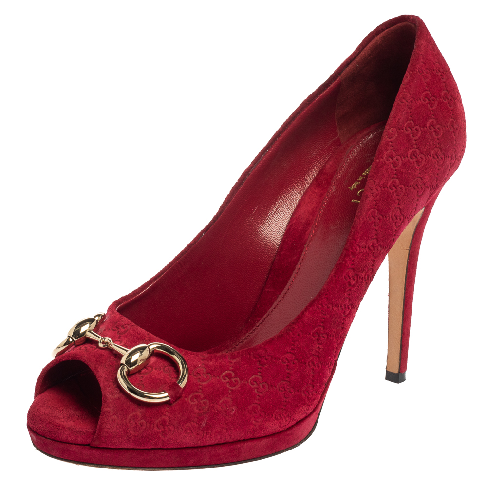 Pre-owned Gucci Red Suede Peep Toe Horsebit Pumps Size 37