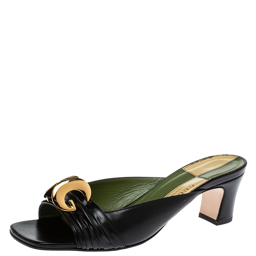 Pre-owned Gucci Black Leather Usagi Slide Sandals Size 39.5