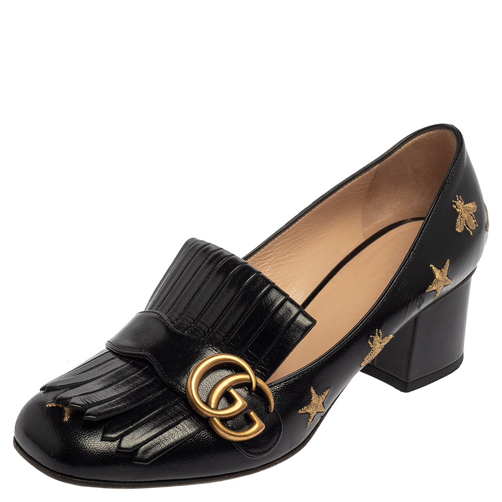 Pre-owned Gucci Black Leather Gg Star Marmont Fringe Pumps Size 39