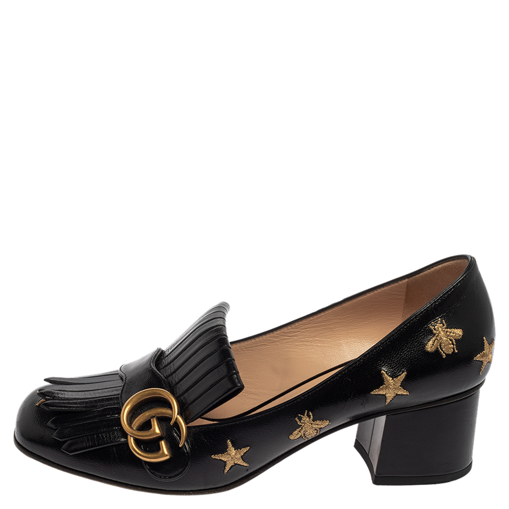 

Gucci Black Leather GG Star Marmont Fringe Pumps Size