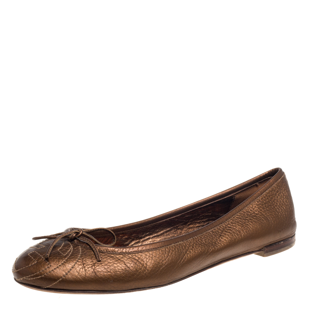 Pre-owned Gucci Metallic Brown Leather Bow Ballet Flats Size 39.5