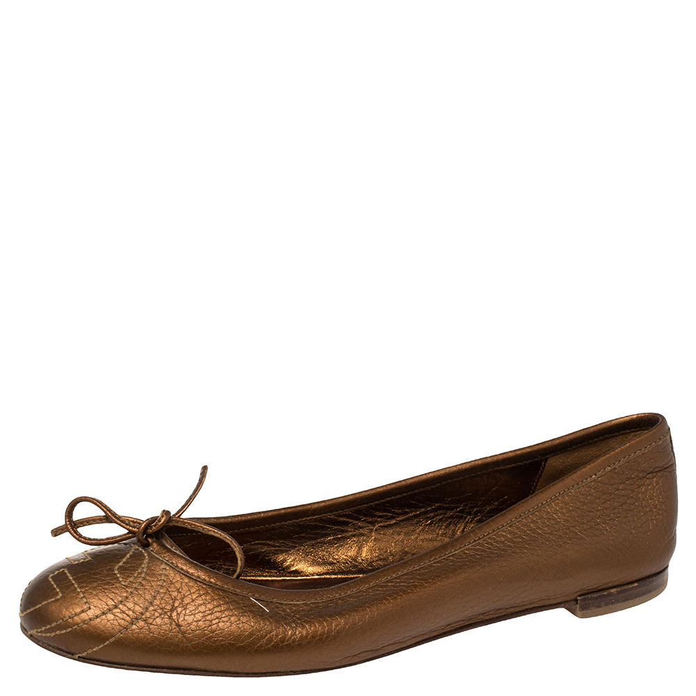 Pre-owned Gucci Metallic Brown Leather Bow Ballet Flats Size 37.5