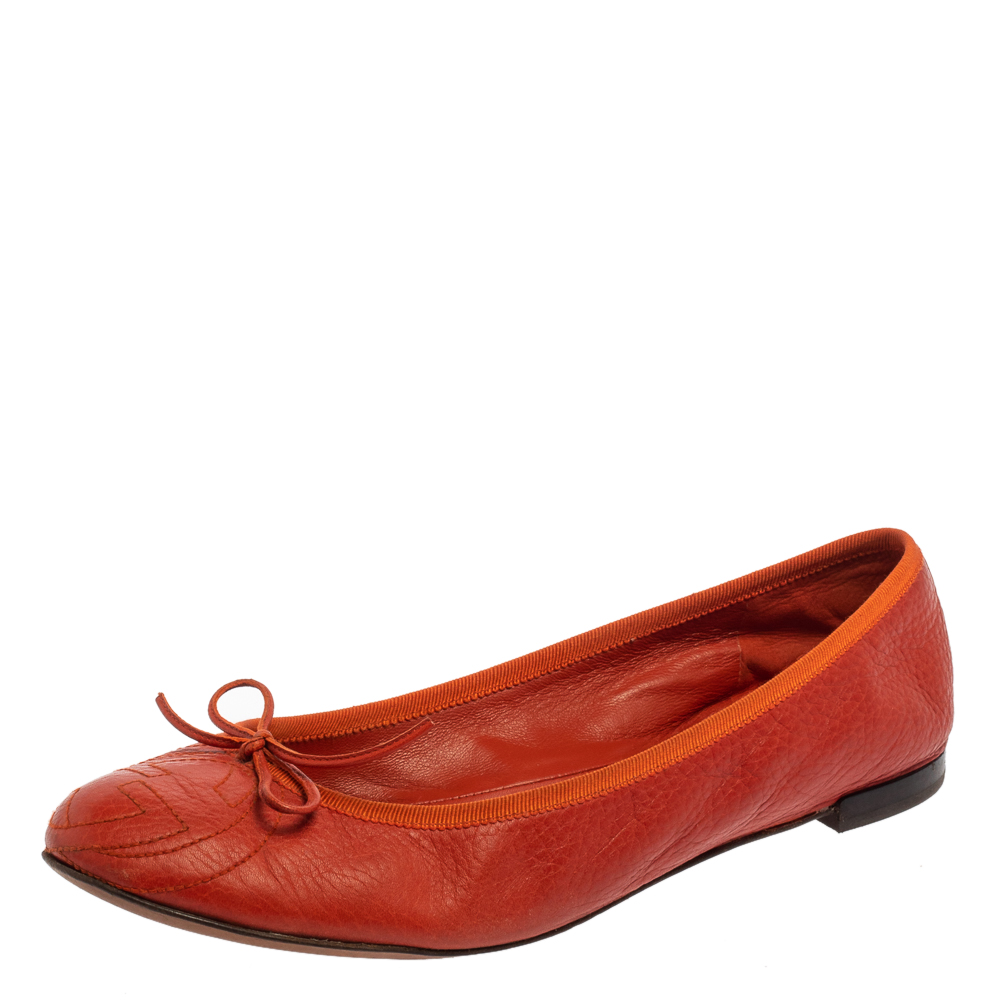 Pre-owned Gucci Orange Leather Gg Interlocking Bow Ballet Flats Size 39.5